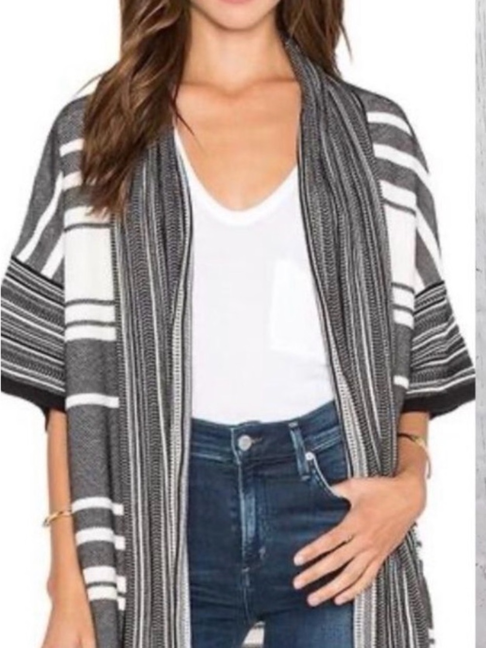Vince Black White Open Front Long Cardigan Sweater S Oversized Short Sleeve